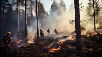 Firefighters extinguish a forest fire. Photo with copy space.