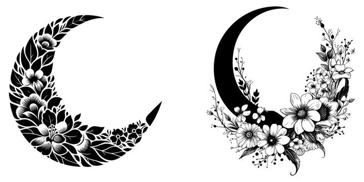 Beautiful romantic crescent moon with floral and leaves, tattoo design, greeting cards, invitations, vector illustration.