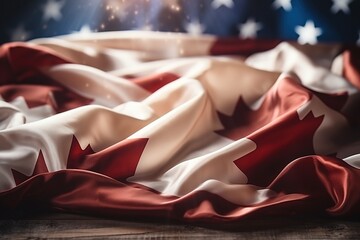 A Canadian flag displayed on a wooden table with a dark blue background - obrazy, fototapety, plakaty