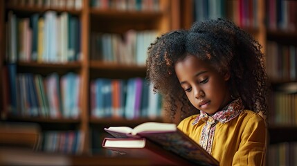 The concept of school education and literacy. A dark-skinned girl of seven is reading a book in the cosy library. Copy space. - obrazy, fototapety, plakaty