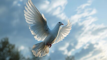 Obraz premium A flying white pigeon against a blue sky background. A symbol of peace. Space for text.