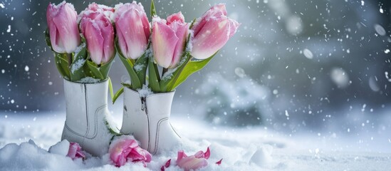 Surprising pink tulips in white boots, amid snow, welcome springtime and delight your loved one on Valentine's.
