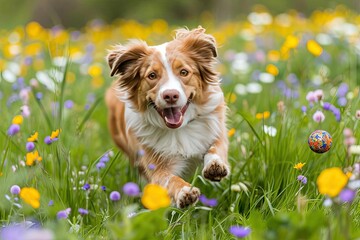 A dog playing fetch in a field of spring flowers