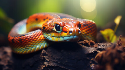 Fototapeta premium a beautiful colored snake crawls against the background of the forest, grass, nature, serpentine, reptiles, scales, eyes, head, plants, soil, python, skin, symbol of 2025
