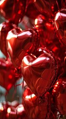 Red heart shaped metallic balloons. Vertical banner