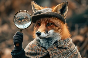A fox dressed as a detective with a magnifying glass - obrazy, fototapety, plakaty