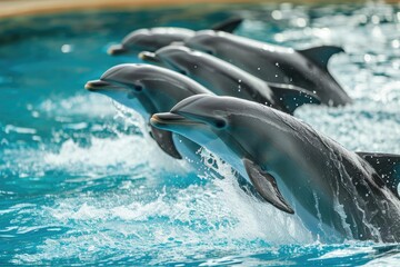 A group of dolphins as synchronized swimmers Performing an aquatic show