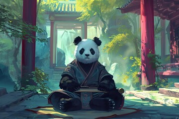 A panda as a monk practicing meditation in a tranquil temple