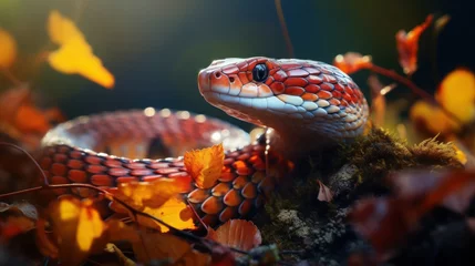 Poster a beautiful colored snake crawls against the background of the forest, grass, nature, serpentine, reptiles, scales, eyes, head, plants, soil, python, skin, symbol of 2025 © Julia Zarubina