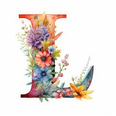 Floral design, spring and bloom. Letter L covered with colorful flowers on a white backdrop. 