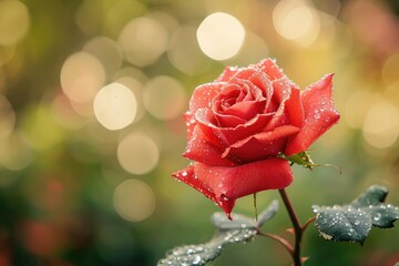 A single red rose with dew drops Against a soft blurred background