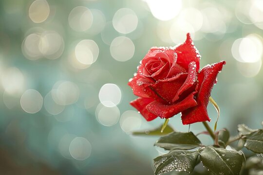 A single red rose with dew drops Against a soft blurred background