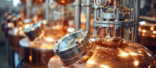 Copper vacuum distillation for gin production under reduced pressure. - obrazy, fototapety, plakaty