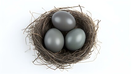 Naklejka na ściany i meble Top View of anthracite Eggs in a Nest on a white Background. Easter Template with Copy Space