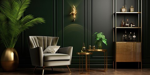 Luxurious living room decor with chic armchair, gold liquor cabinet, abundant plants, and elegant personal accessories. Green wall paneling with shelf. Modern home design. Template.