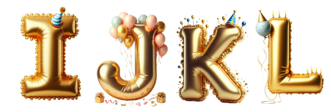 Golden Number Balloons i to L - Foil and Helium Balloons, Latex Balloons - Party, Birthday, Celebrate Anniversary and Wedding - Realistic Design Elements - Isolated on Transparent Background