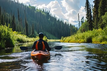 Kayaker model paddling through serene river landscapes in a wilderness setting