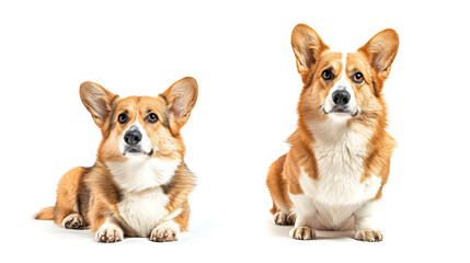 Two Cute Welsh Corgi Pembroke One Sitting and One Standing On Isolated White Background 