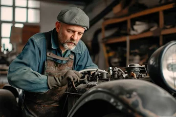 Zelfklevend Fotobehang Vintage car restorer model working on a classic vehicle in a garage workshop © Bijac