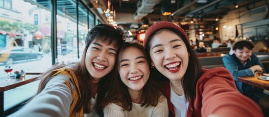 Asian friends happily taking a selfie in a restaurant from a high angle. - obrazy, fototapety, plakaty