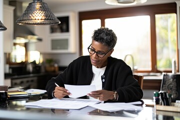 Fototapeta premium Focused African American businesswoman working from home, managing documents, and handling financial matters