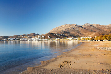 The beach Avlomonas at the port Livadi of Serifos island, Greece