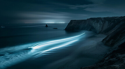 Long-exposure shot of a surfer leaving a light trail as they maneuver a night wave