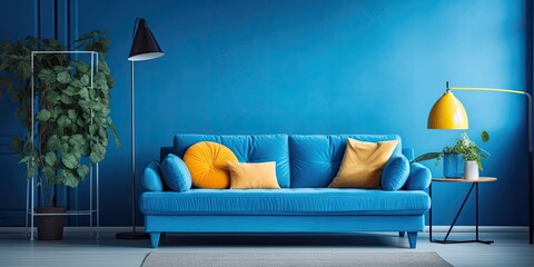 Blue furniture and bright decor in apartment.