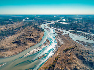 

Murray-Darling river system, showing divergence of rivers, flat aerial perspective, sunny day