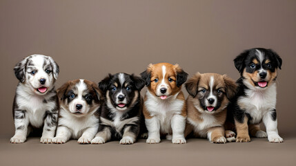 group of puppies isolated on brown background