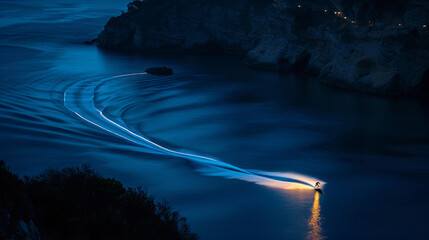 Long-exposure shot of a surfer leaving a light trail as they maneuver a night wave - obrazy, fototapety, plakaty