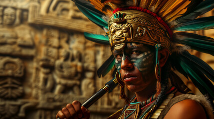 Portrait of an ancient Maya king, wearing a traditional headdress adorned with feathers and jade