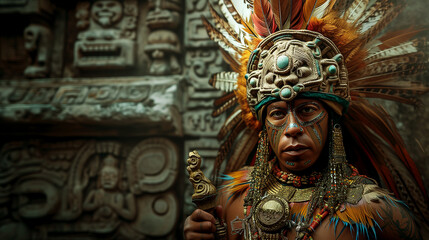 Fototapeta premium Portrait of an ancient Maya king, wearing a traditional headdress adorned with feathers and jade