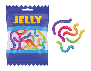 Cartoon gummy worms. Chewy jelly candies package, sugary marmalade packaging, tasty sweets in plastic bag flat vector illustration. Gummy chewy worms