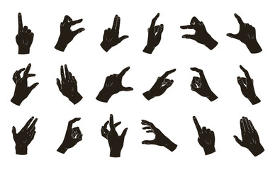 Touchscreen gestures silhouettes. Smartphone screen swipe, tap, pinch, zoom and rotate hand gestures flat vector illustration set. Screen touch hand signs - obrazy, fototapety, plakaty