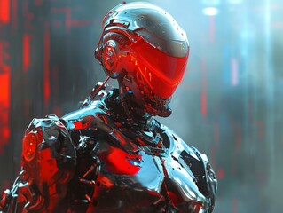 Robotic Rhapsody: Surreal Sci-Fi Silver & Red Vision