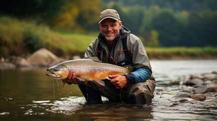 A fisherman kneels in the river holding a large brown trout.