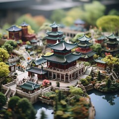 Fototapeta premium Miniature Chinese architecture model with green roof and courtyard