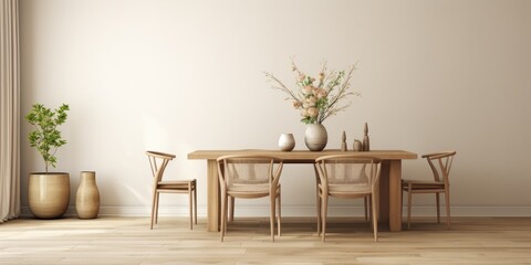 Beige dining room with stylish wooden table and chairs, flower vase, rattan accessories, Korean home decor, wood flooring.