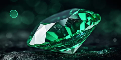 Poster emerald gemstone, deep green, glinting facets, set against a velvet black background © Gia