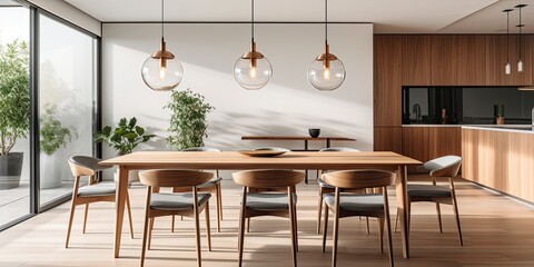 Contemporary apartment with wooden dining table, chairs, and pendant light hanging from ceiling.