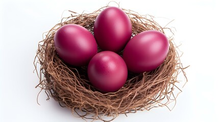 Fototapeta premium Top View of burgundy Eggs in a Nest on a white Background. Easter Template with Copy Space