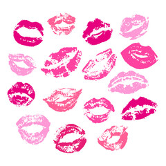 Different female lipstick kisses silhouettes. Women lips, isolated grunge kiss clipart. Romantic elements for cards, letter, neoteric vector set