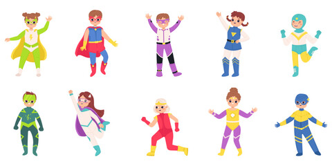 Cartoon kids in superhero costumes. Children superheroes in different poses. Flying and warrior kid, comic funny child snugly vector characters