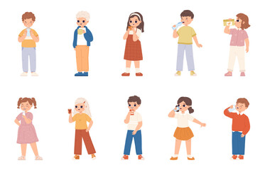 Little children drinks. Cute toddlers drinking water, juice, milk and tea or cocoa. Happy kids feel thirsty, fresh beverages snugly vector set