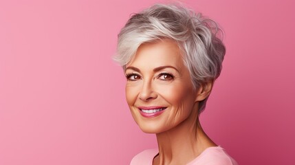 A half-face portrait of an elderly female with short gray hair and expressive brown eyes looking confidently at the camera against a pink background.