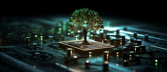 Ein Baum, der aus dem Prozessor einer Computerplatine sprießt. Symbolisiert Green Computing, Green Technology, CSR, IT-Ethik, grüne Hardware und das Konzept der umweltverträglichen Technologie - obrazy, fototapety, plakaty