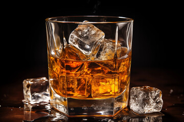 Whiskey on Ice in einem rauchig holzigen Umfeld, Genuss und Lifestyle