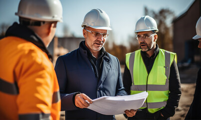 Professional engineers discussing about blueprints and effectivity at construction site