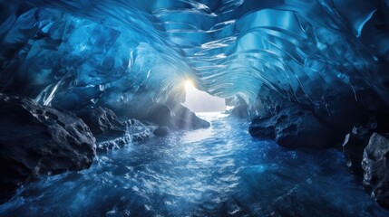 clean water gracefully falling from icicles inside a dark icy cave